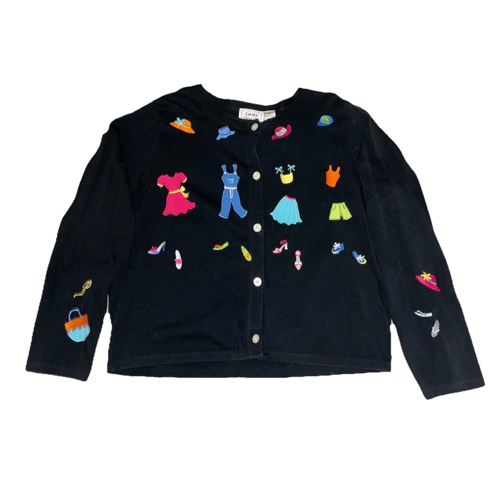 Emma Tricot Cardigan Women's XL Black Embroidered Clothes Shoes Hats‎ Cotton Vtg